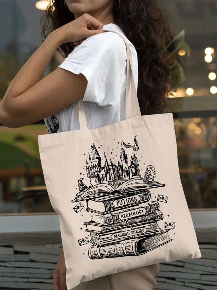 Magical Wizard Bookstore Castle Print Tote Bag